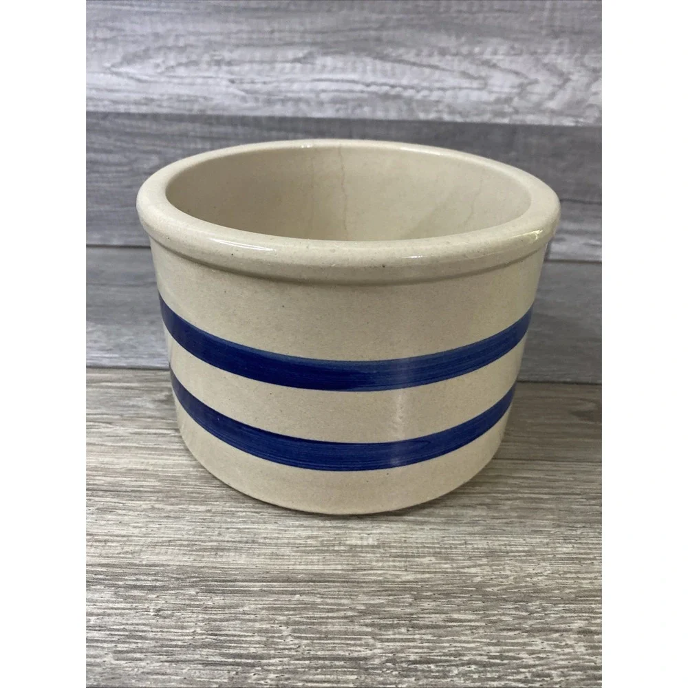 Robinson Ransbottom Low Jar Crock Unisex 1 Qt Cream Blue Fair Striped Stoneware